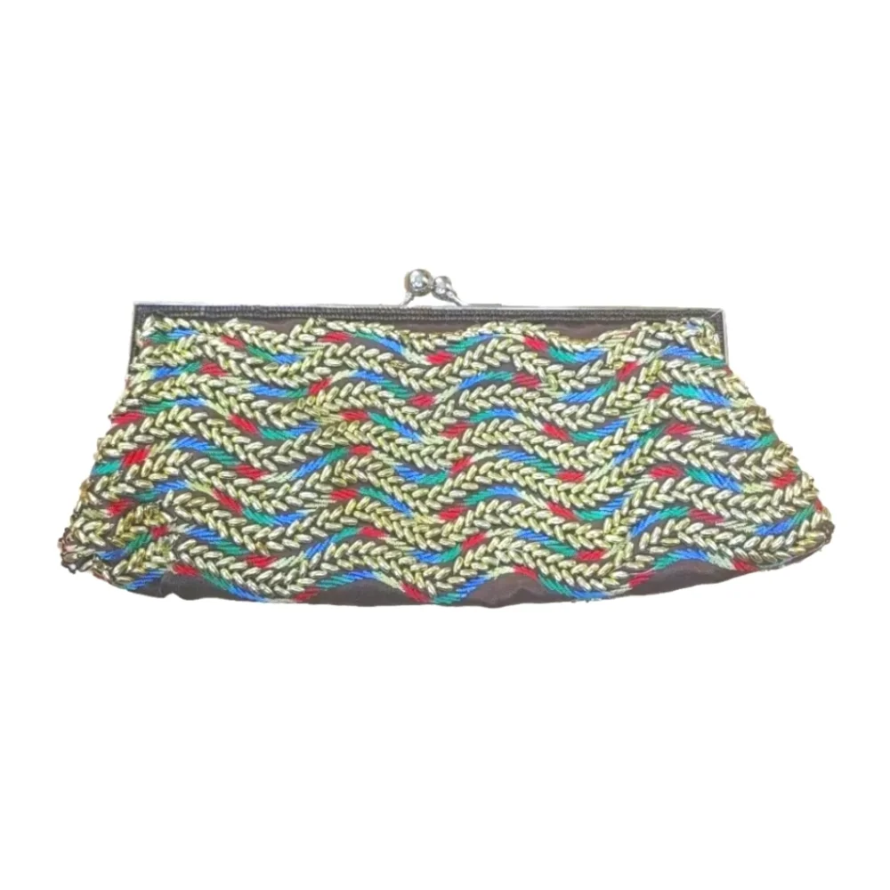 Cocktail Party Clutch Purse Beaded Rainbow Embroidered Silver Chain Strap Vtg